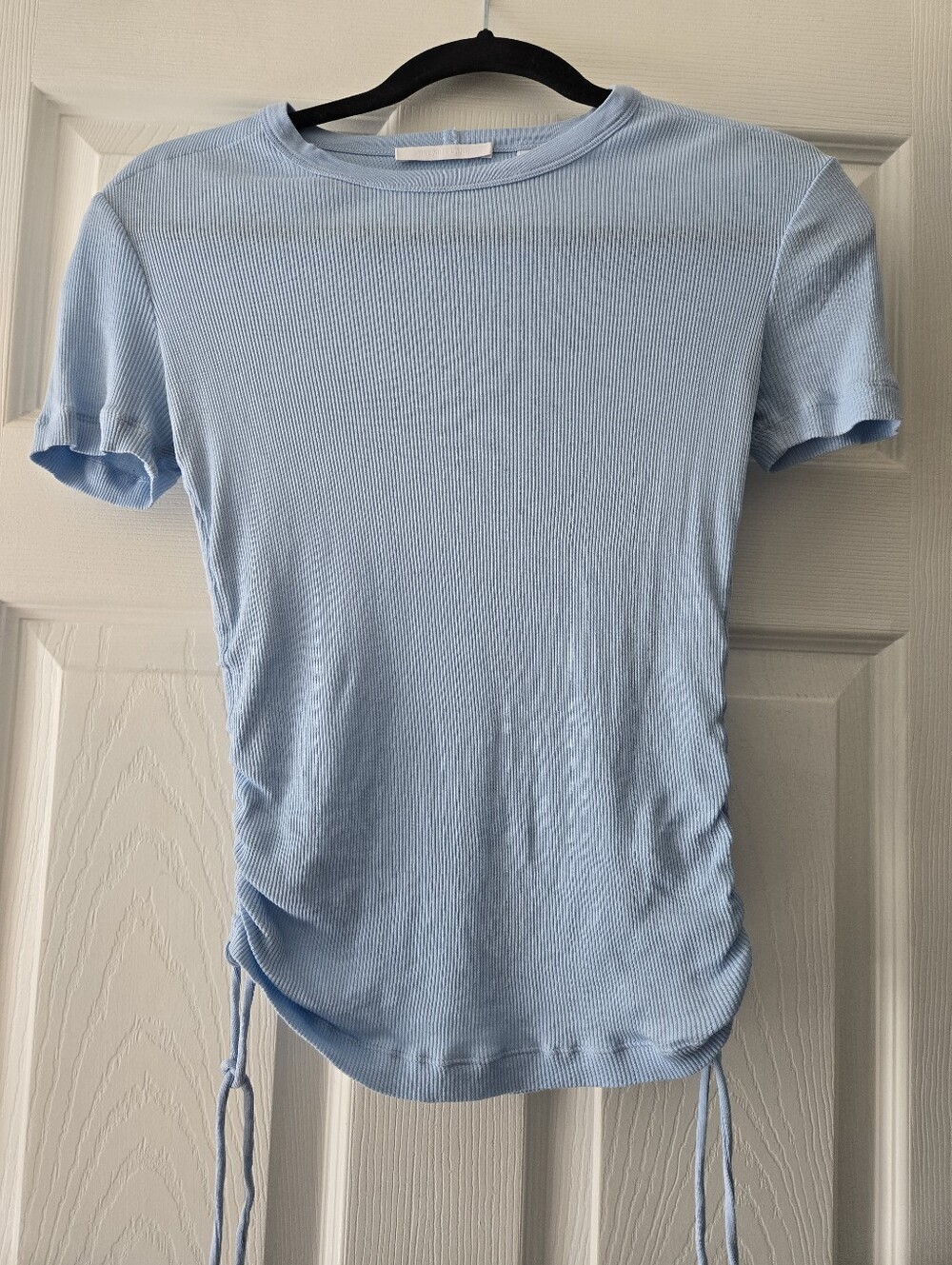 Helmut Lang Light Blue Ribbed Short Sleeve Cinched Drawstring Tee, XS